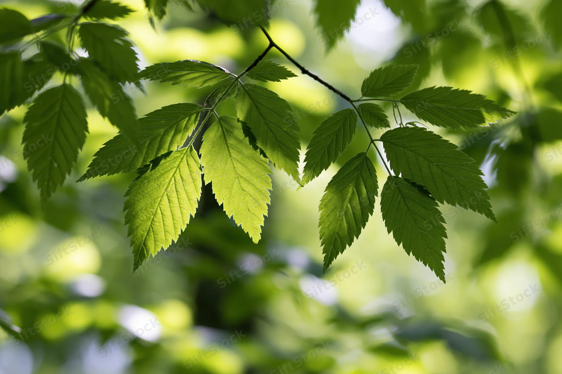 Close-up of fresh green compound leaves on thin branches in natural sunlight
