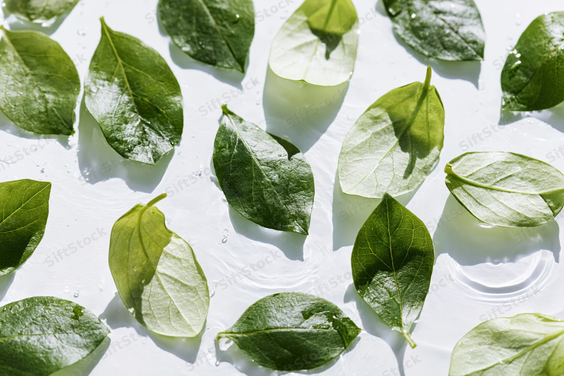 Green leaves floating on shallow clear water surface with ripples and droplets, top view on white background