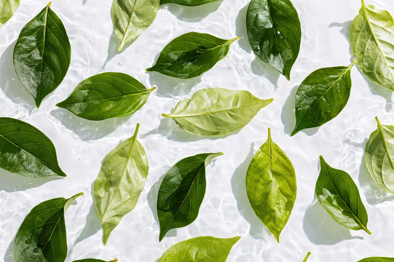 Green leaves floating on clear shallow water surface
