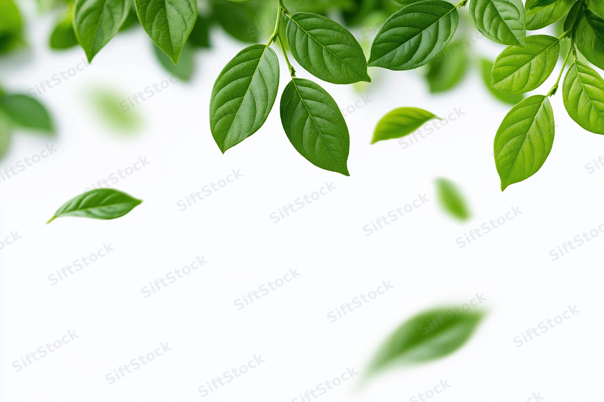 Green leaves floating and scattered across the top of a white background