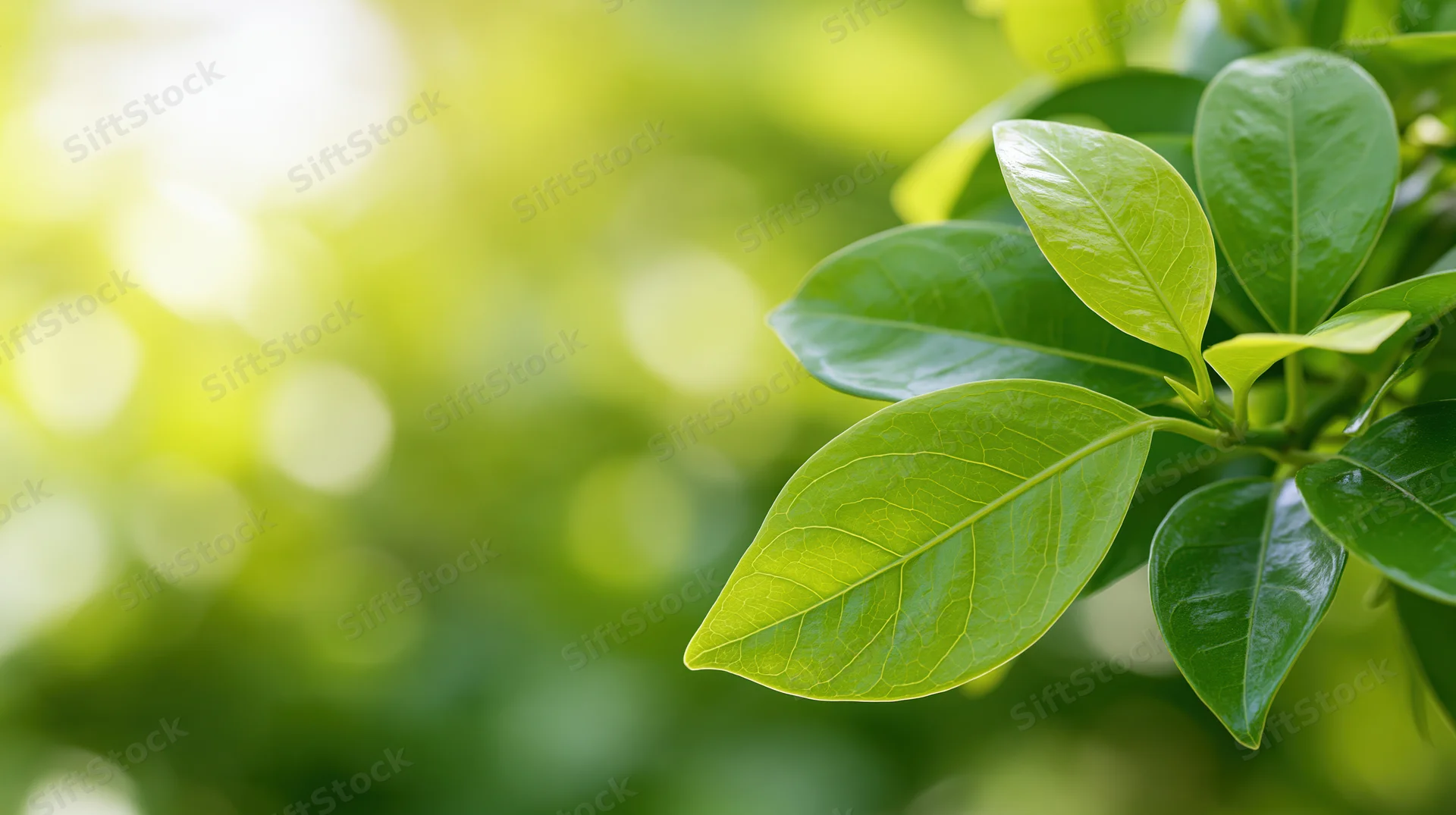 Closeup of fresh green leaves on a plant branch with sunlight and bokeh background