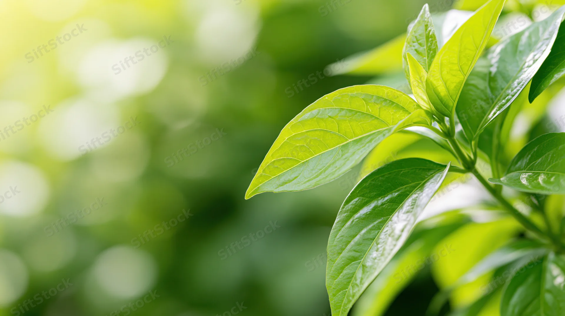 Fresh green plant leaves clustered on the right side of the frame with soft sunlight and blurred foliage background