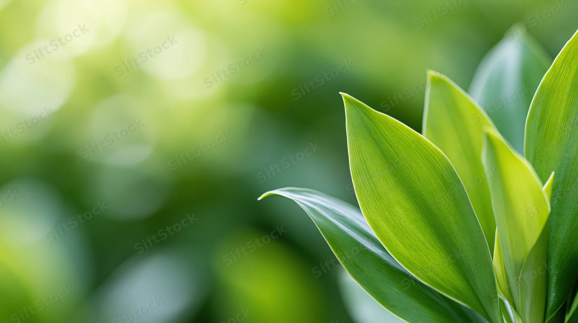 Closeup of fresh green plant leaves on the right side with blurred natural background