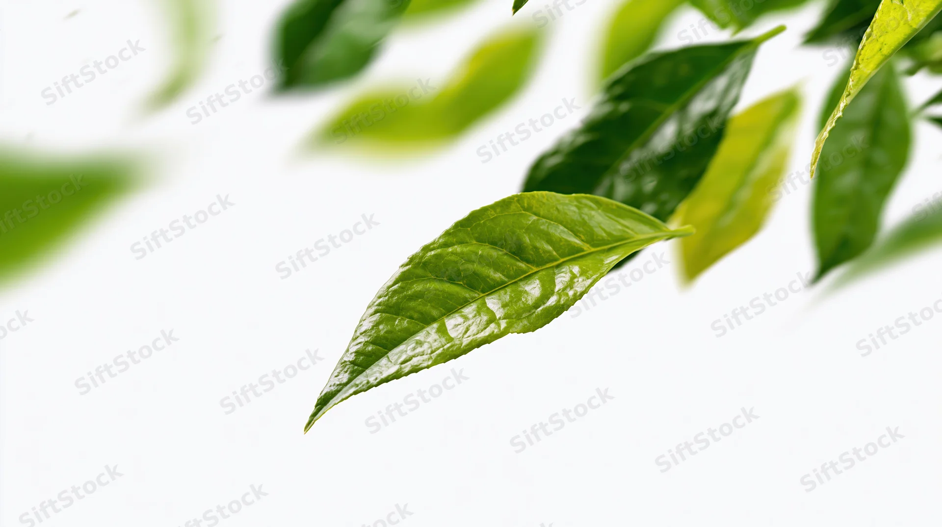 Green tea leaves falling diagonally against a white background