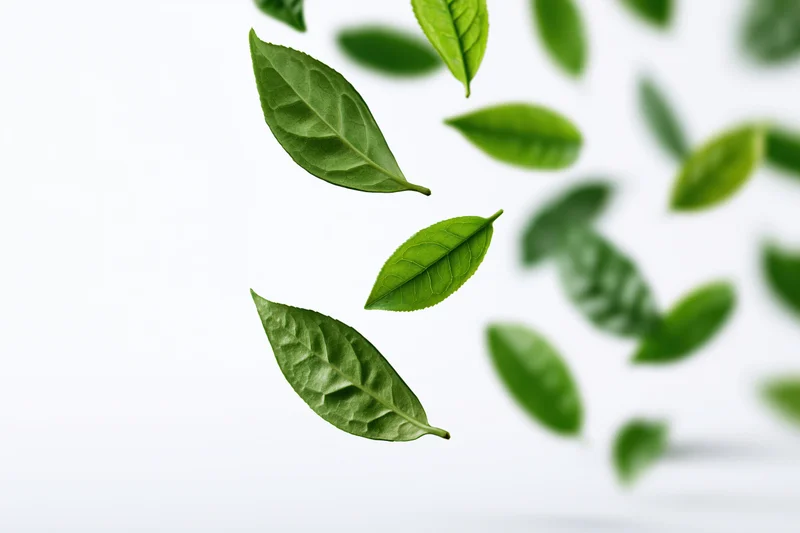 Green tea leaves floating diagonally against a white background