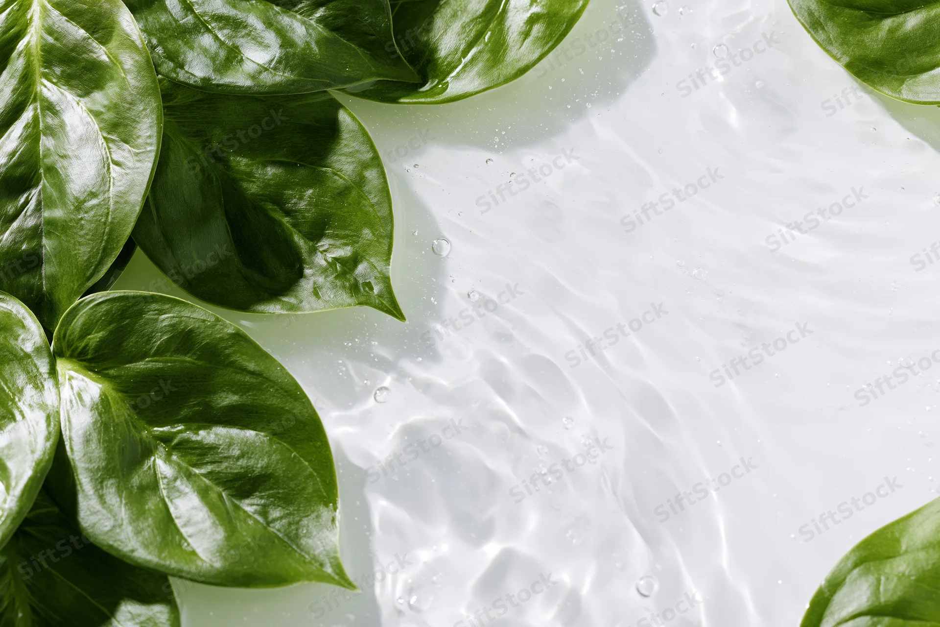 Green tropical leaves floating on shallow clear water with ripples and droplets