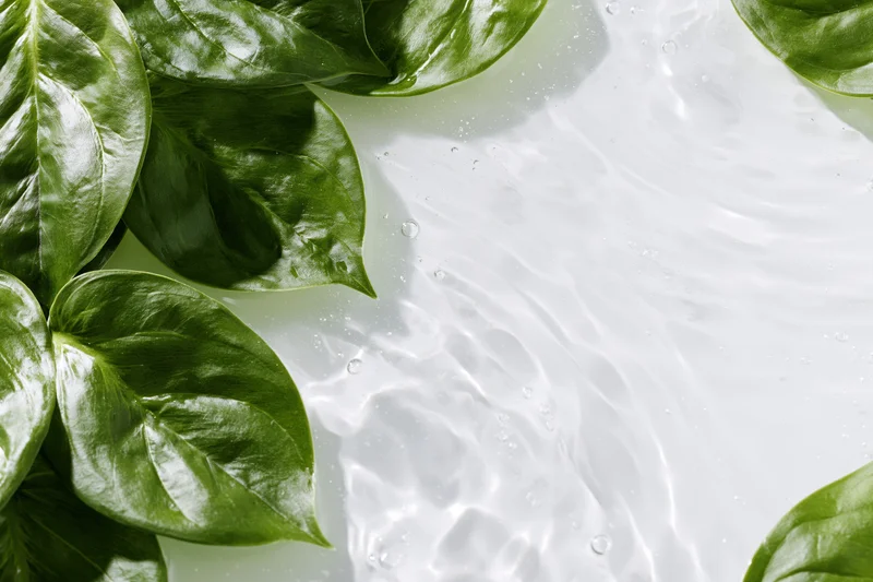 Green tropical leaves floating on shallow clear water with ripples and droplets