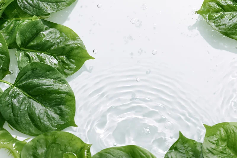 Green tropical leaves floating on shallow clear water with ripples and droplets