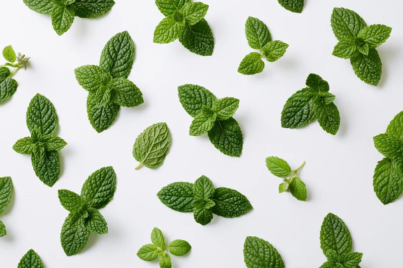 Fresh mint leaves scattered loosely on a white surface