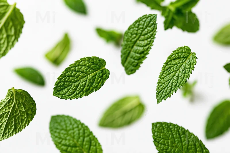 Fresh mint leaves floating and scattered on a white background