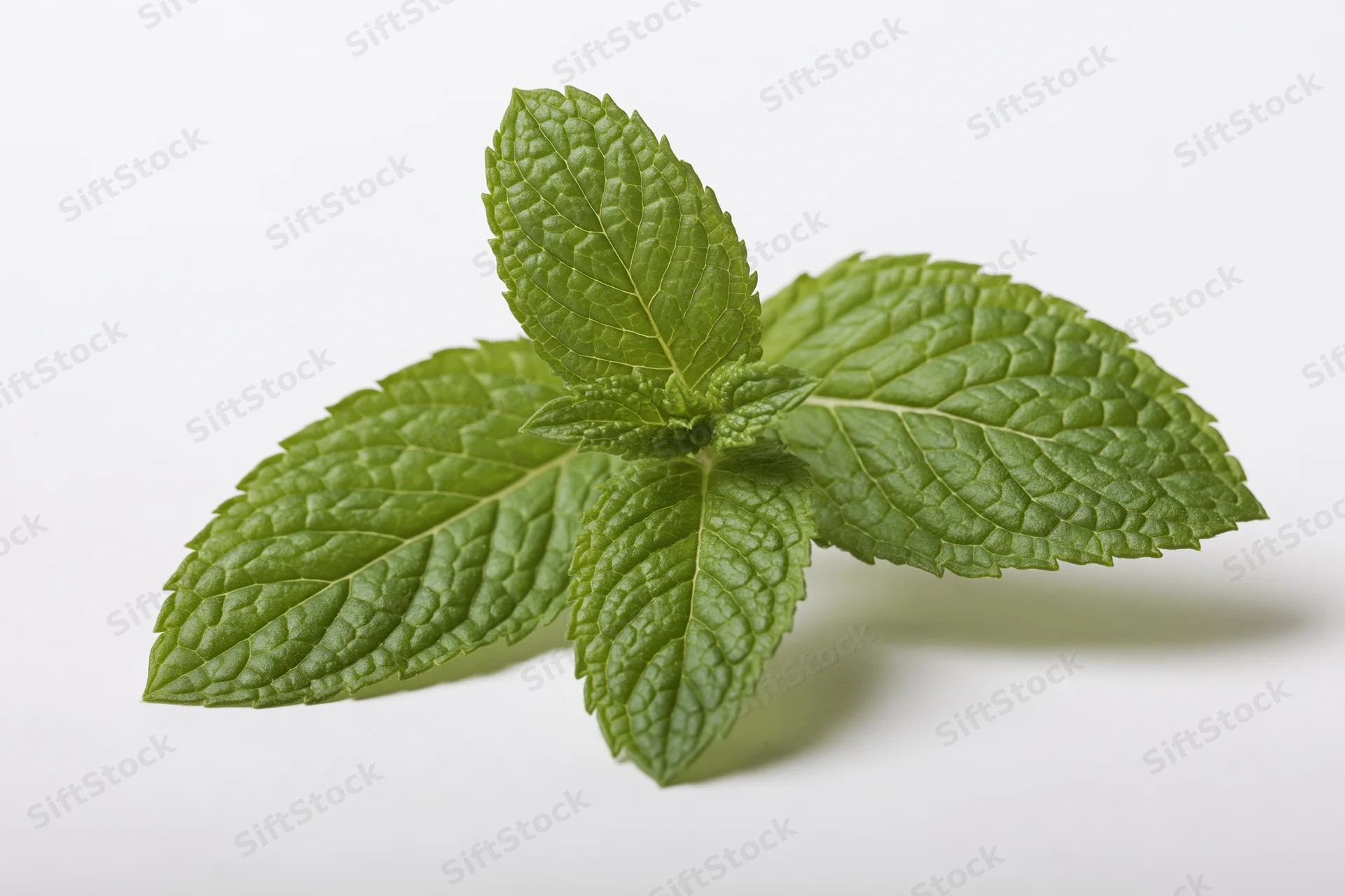 Fresh mint sprig with four leaves arranged naturally centered on white background