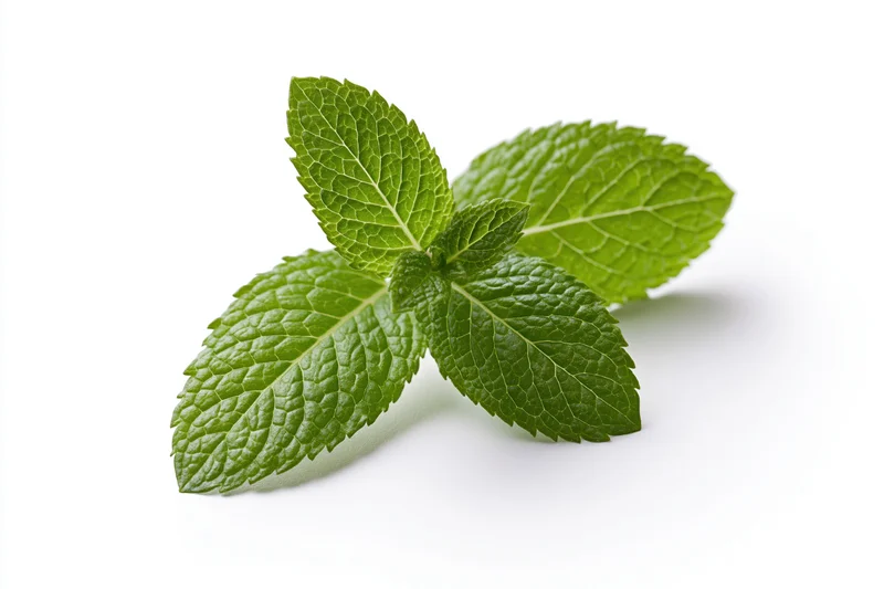Fresh mint sprig with four leaves arranged naturally centered on white background