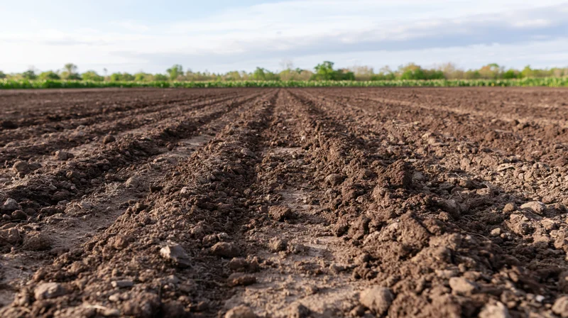 Freshly plowed agricultural field with dark brown soil furrows stretching into the distance