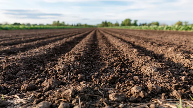 Freshly plowed agricultural field with parallel furrows stretching into the distance under a partly cloudy sky