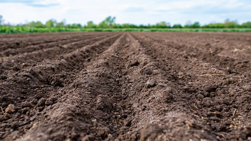 Freshly plowed agricultural field with dark brown soil furrows stretching toward the horizon