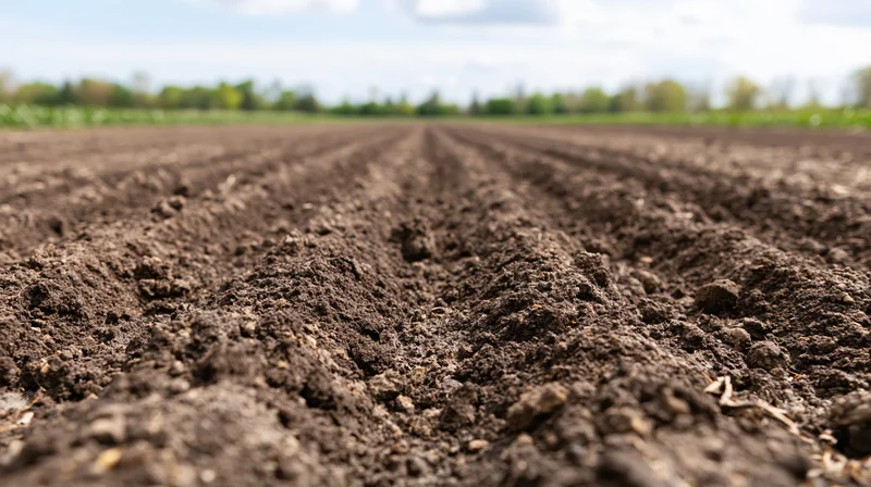 Freshly plowed agricultural field with dark soil furrows stretching into the distance