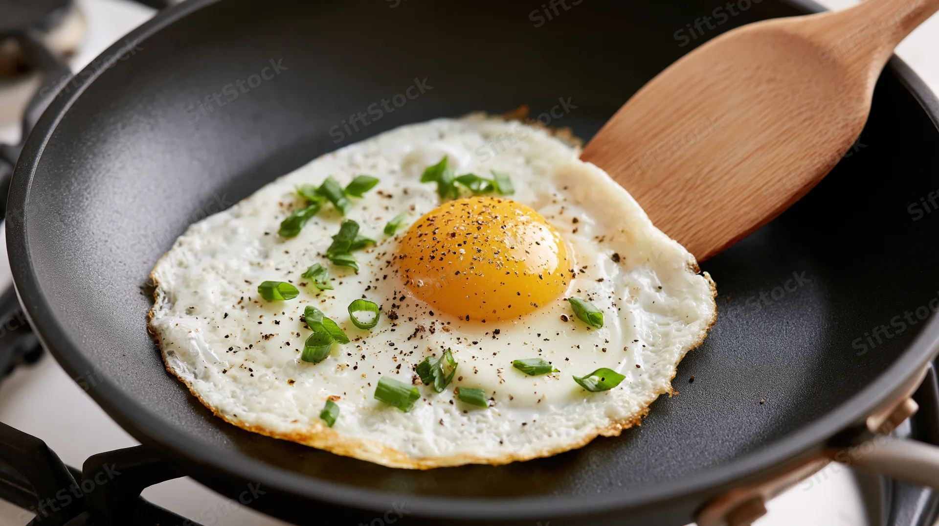 Fried sunny-side-up egg in a black nonstick skillet with green onions and pepper on a stove