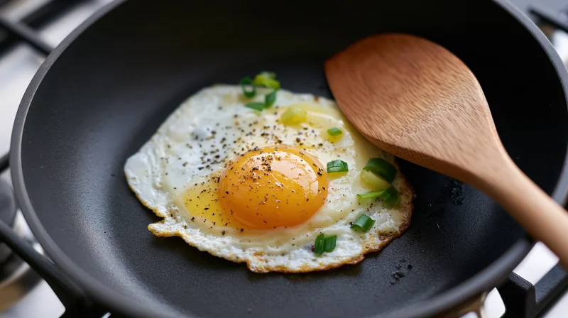 Fried sunny-side-up egg in a black nonstick skillet with wooden spoon and green onion garnish on stove