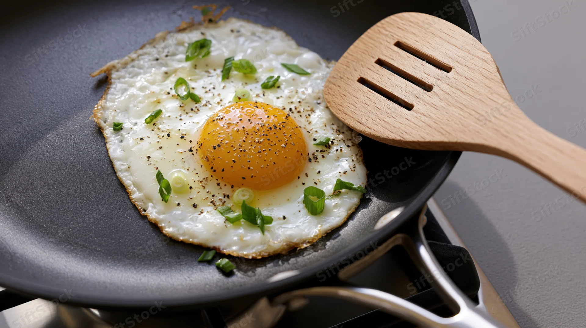 Fried sunny-side-up egg in a black nonstick skillet with wooden spatula and green onion garnish on stove
