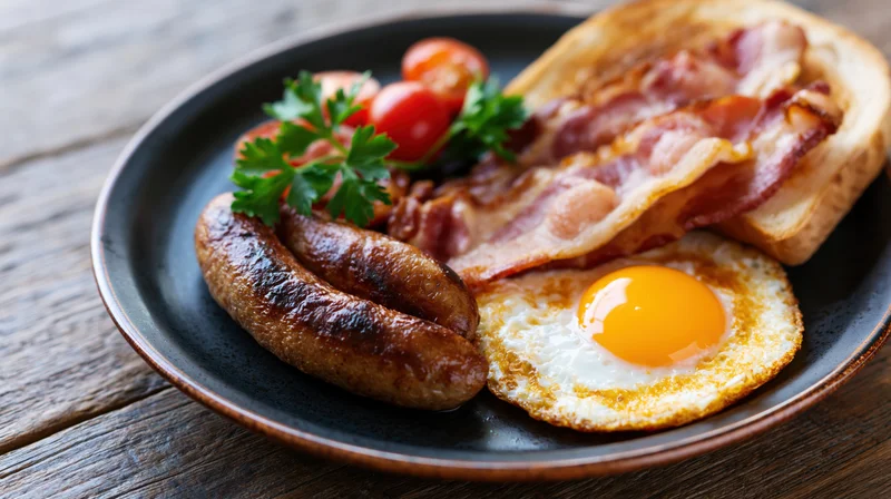 Full english breakfast plate with sunny-side-up egg, sausage, bacon, toast, and cherry tomatoes on wooden table