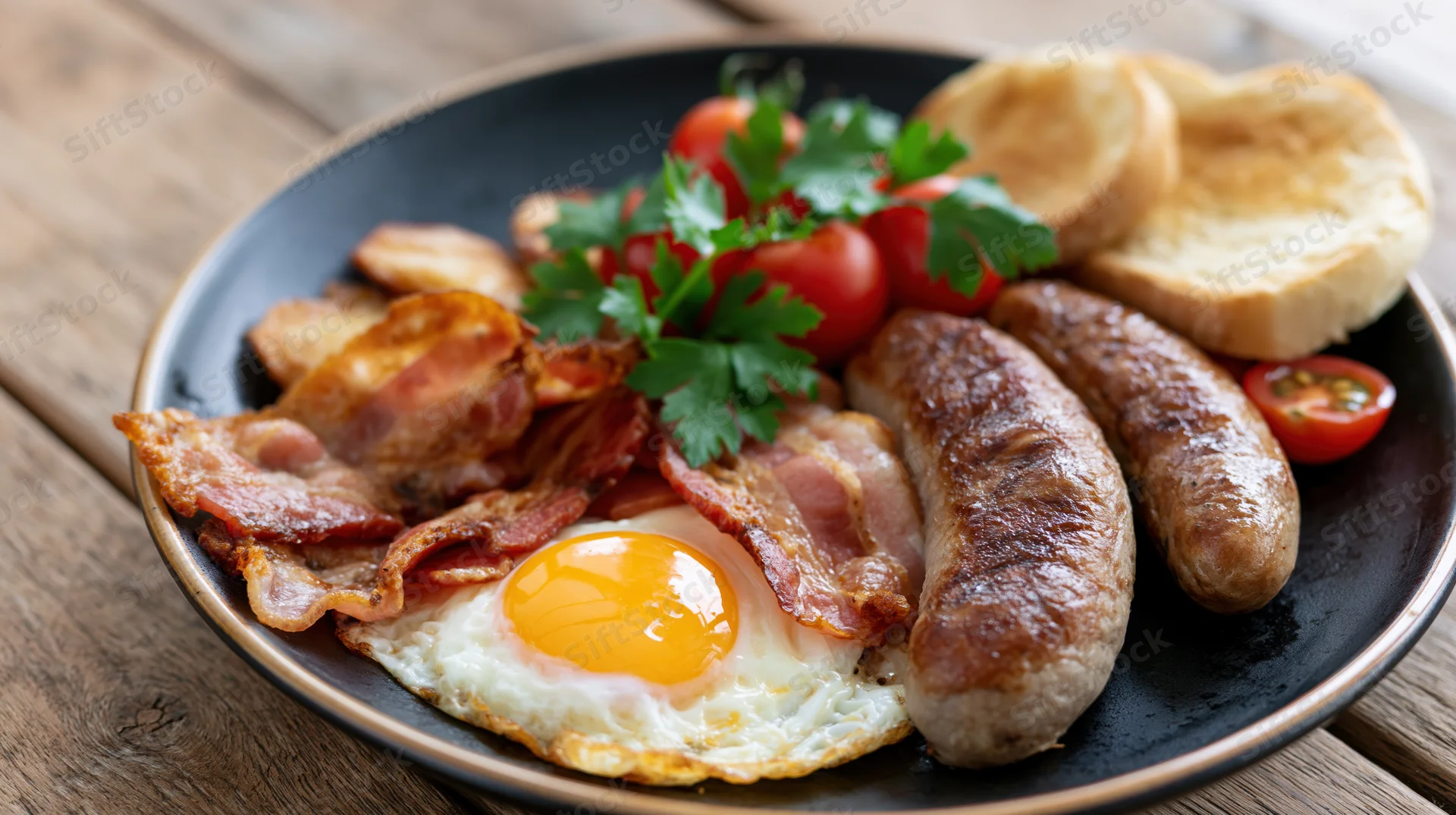 Full english breakfast plate with sunny-side-up egg, sausages, bacon, tomatoes and toast on wooden table
