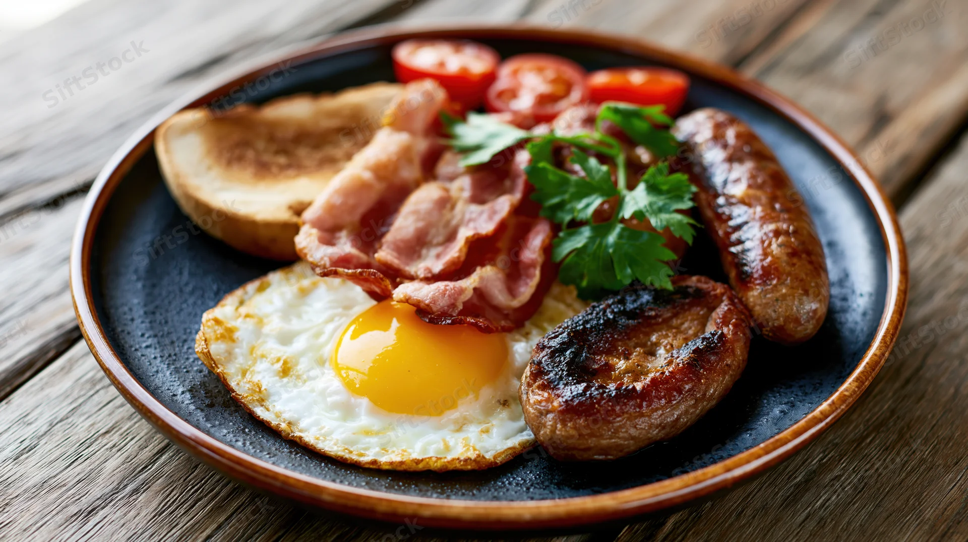 Full english breakfast plate with sunny-side-up egg, bacon, sausages, toast, and tomatoes on a wooden table