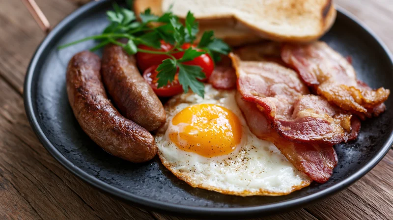 Full english breakfast with fried egg sunny-side-up, bacon, sausage, toast, and garnish on black plate on wooden table
