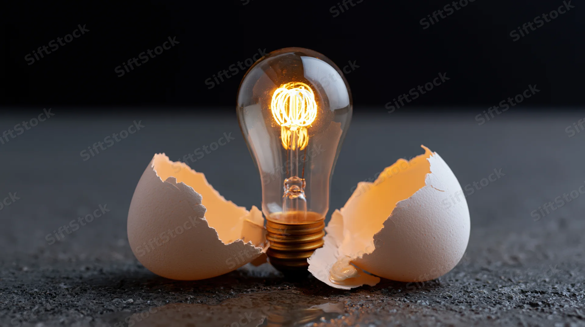 Glowing edison filament lightbulb standing between broken eggshells on dark textured surface