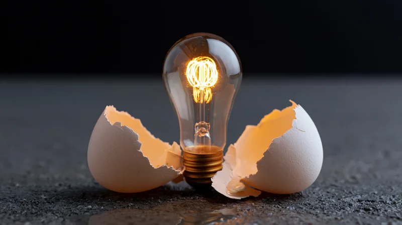 Glowing edison filament lightbulb standing between broken eggshells on dark textured surface