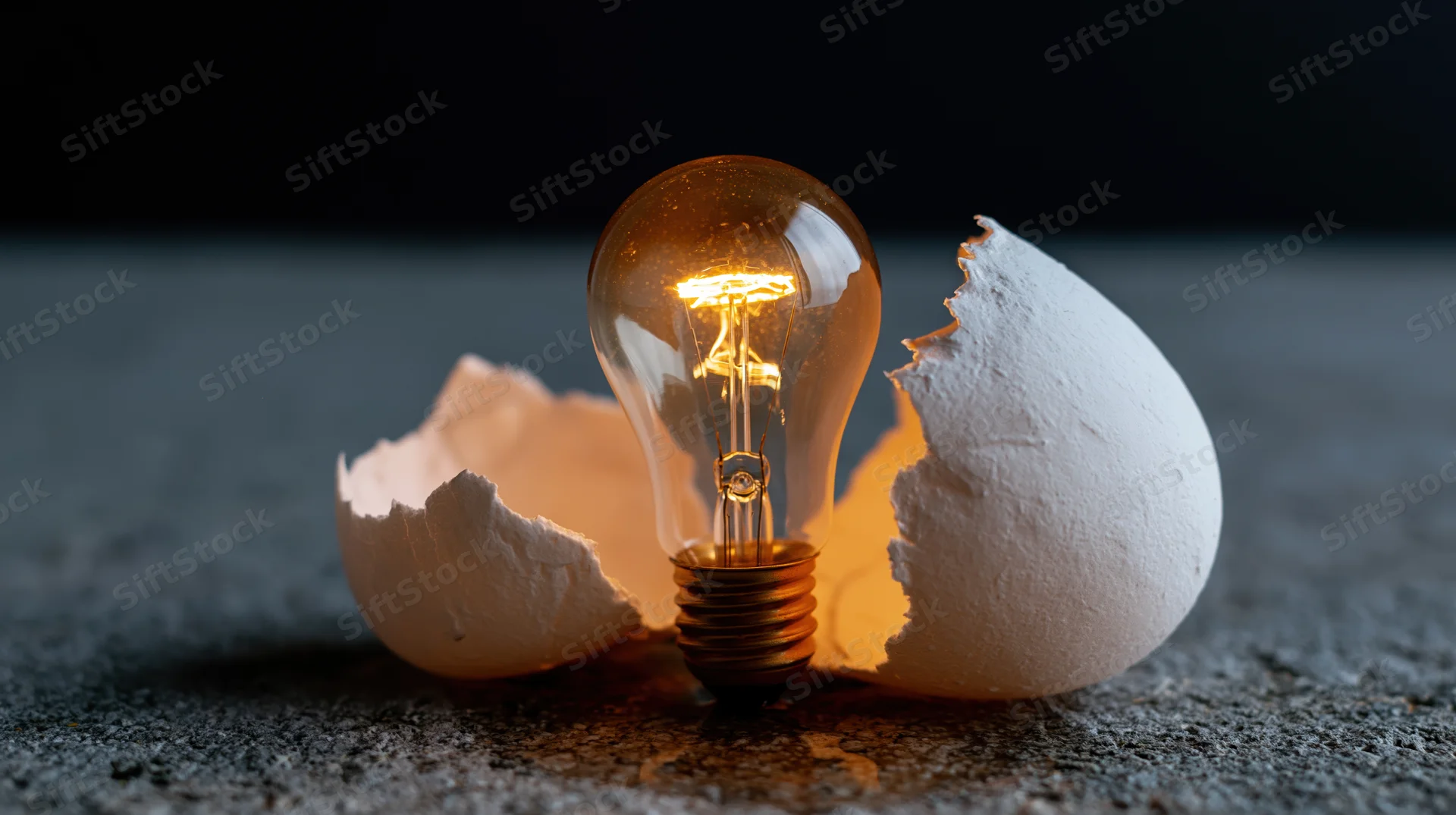 Glowing edison filament lightbulb emerging from broken eggshell on dark textured surface