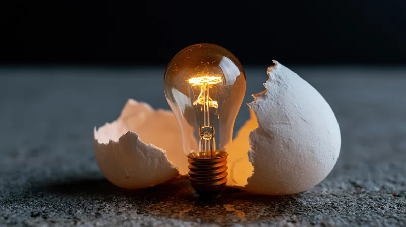 Glowing edison filament lightbulb emerging from broken eggshell on dark textured surface