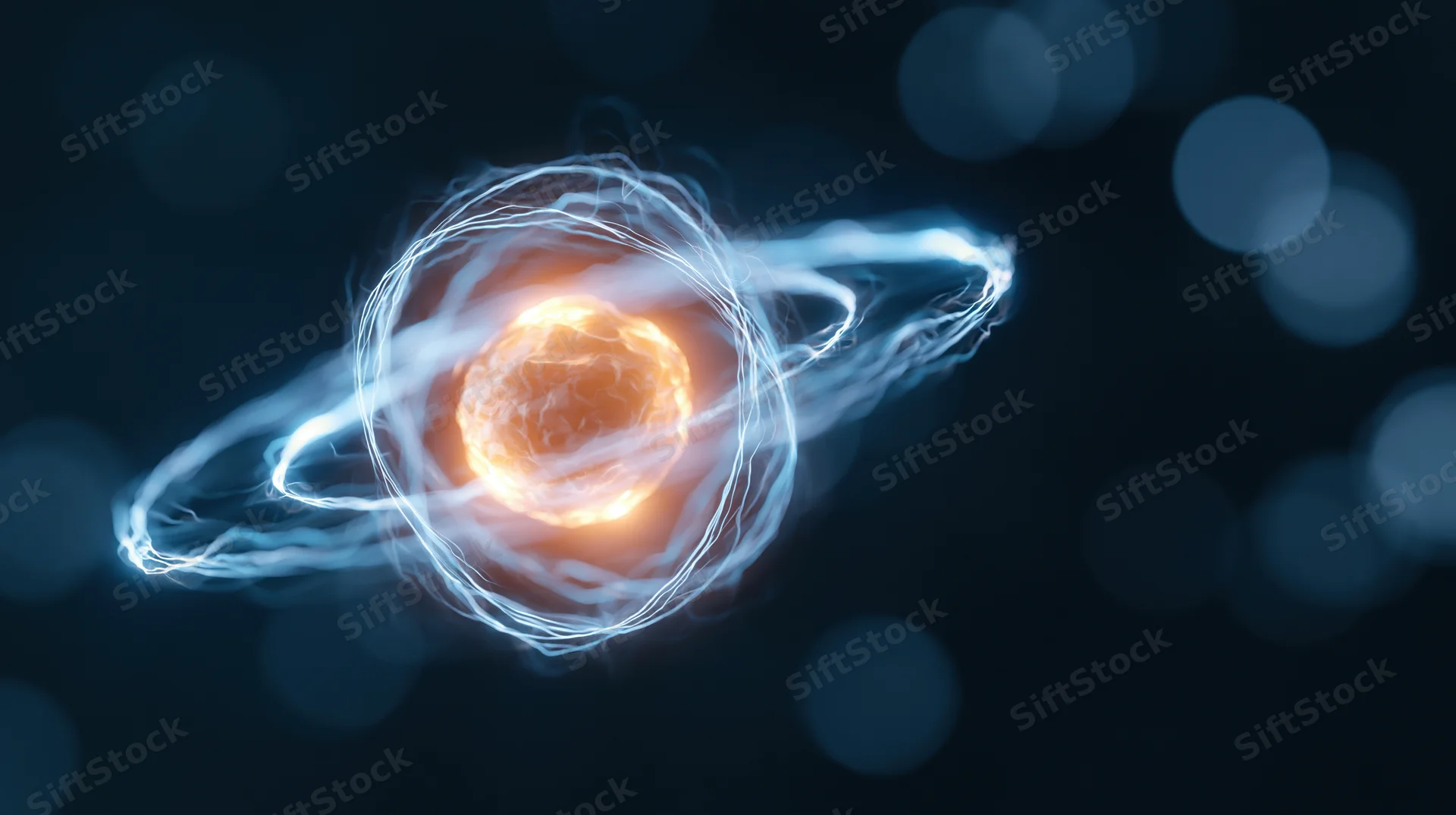 Glowing atom model with orbiting electrons floating in dark space