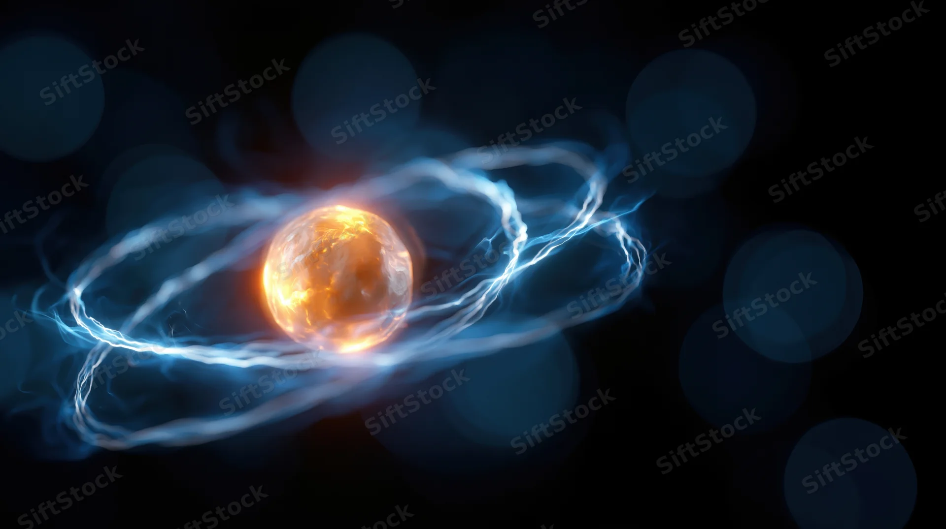 Glowing atom model with orbiting electrons floating in dark space