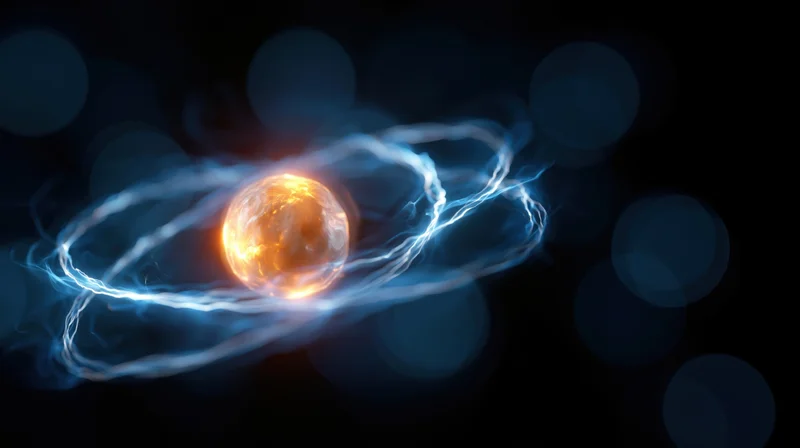 Glowing atom model with orbiting electrons floating in dark space