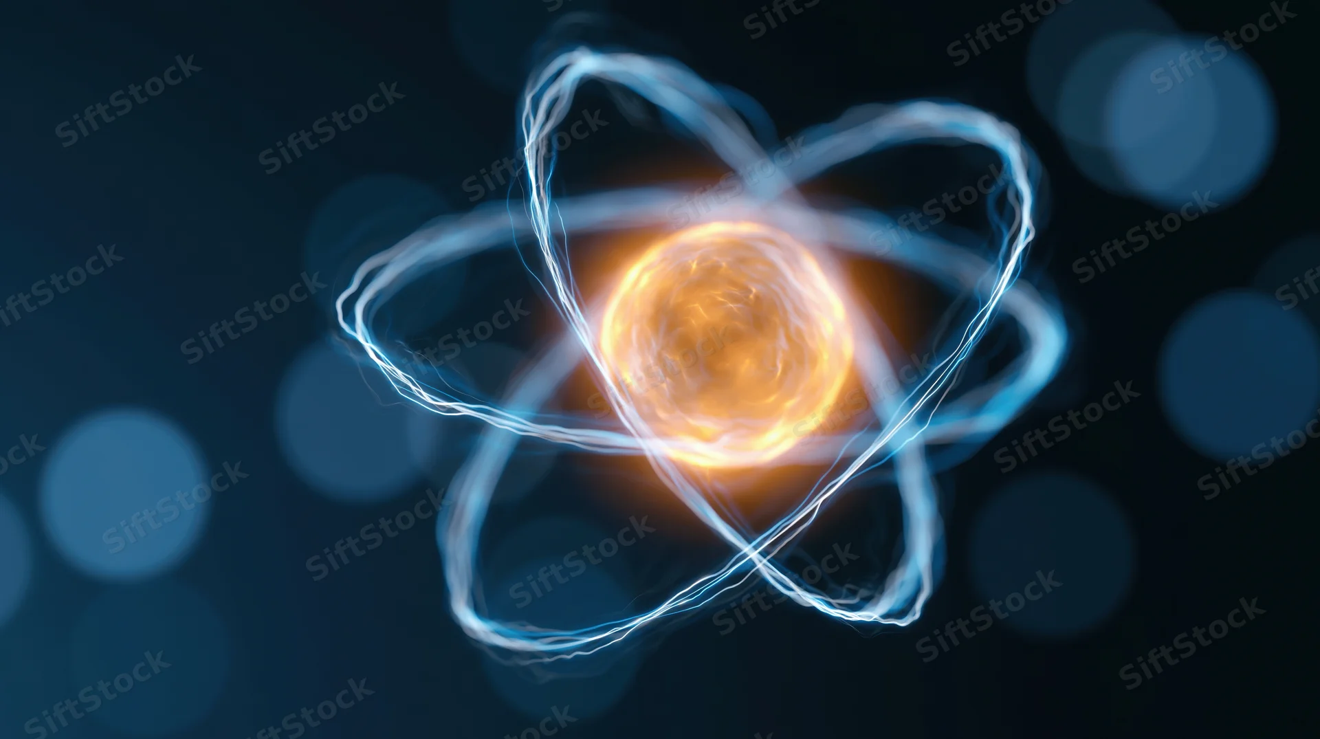 Glowing atom model with orbiting electrons floating in dark space