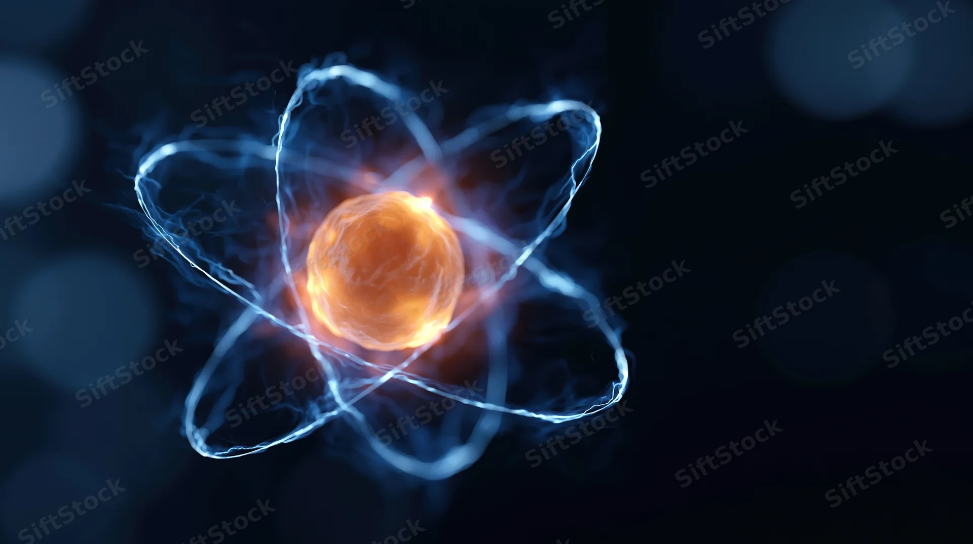 Glowing atom model with orbiting electrons floating in dark space