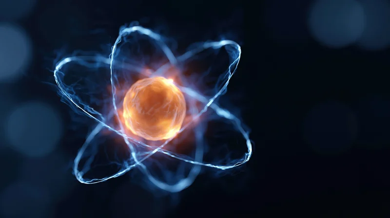 Glowing atom model with orbiting electrons floating in dark space
