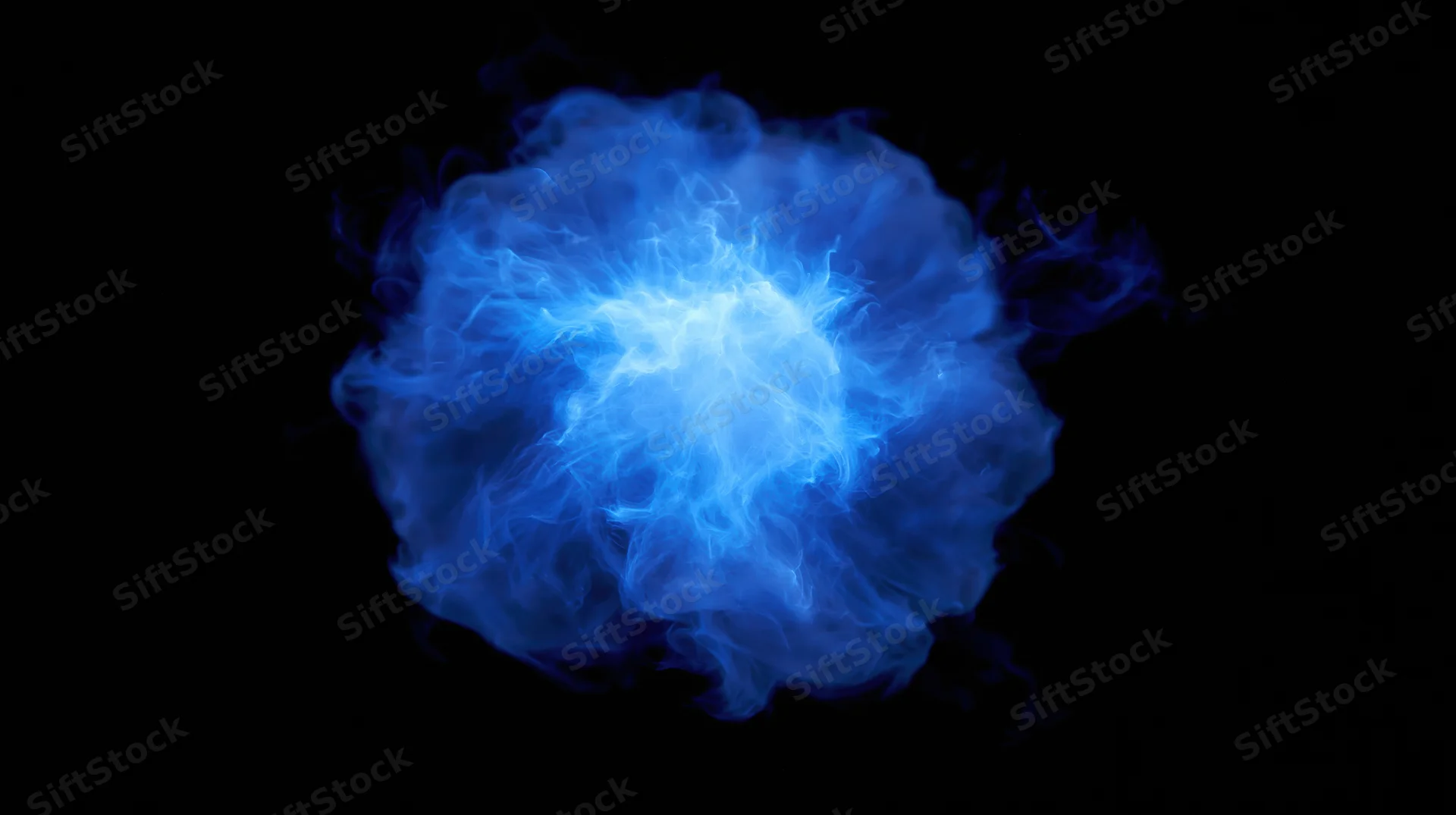 Glowing blue plasma burst floating against pure black background