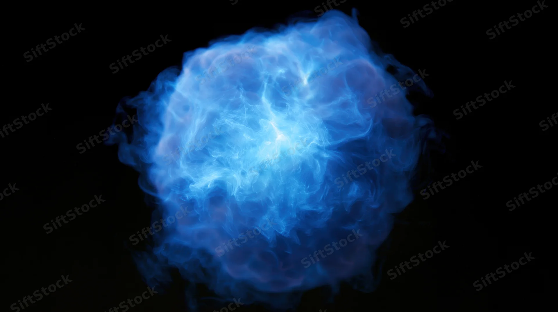 Glowing blue plasma burst floating in darkness