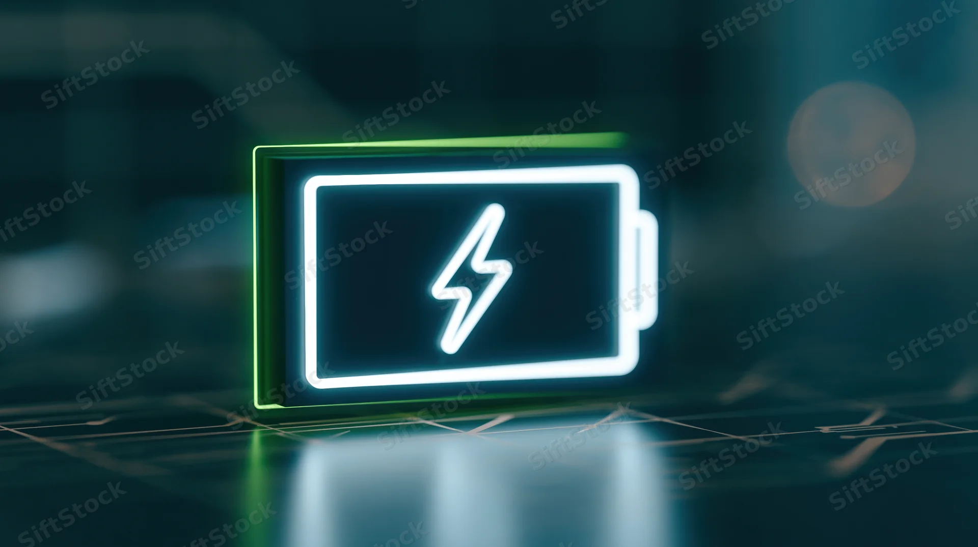 Glowing neon battery icon with lightning bolt symbol on a digital circuit surface