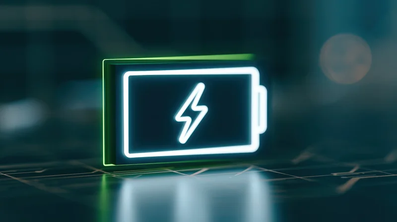 Glowing neon battery icon with lightning bolt symbol on a digital circuit surface