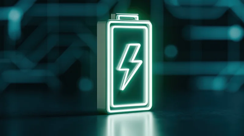 Glowing neon battery icon with lightning bolt symbol on dark reflective surface