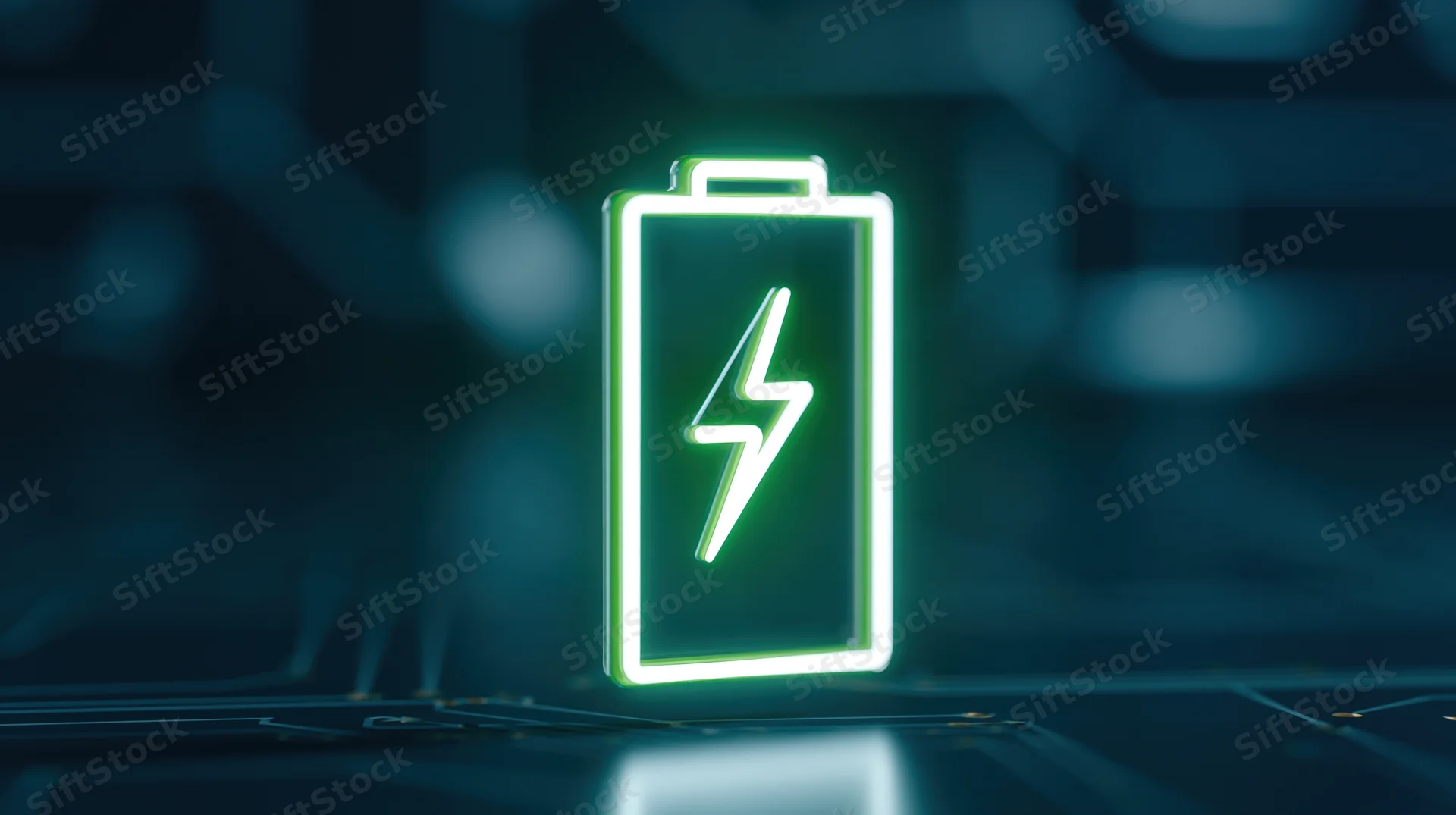 Glowing neon battery icon with lightning bolt on dark circuit board surface
