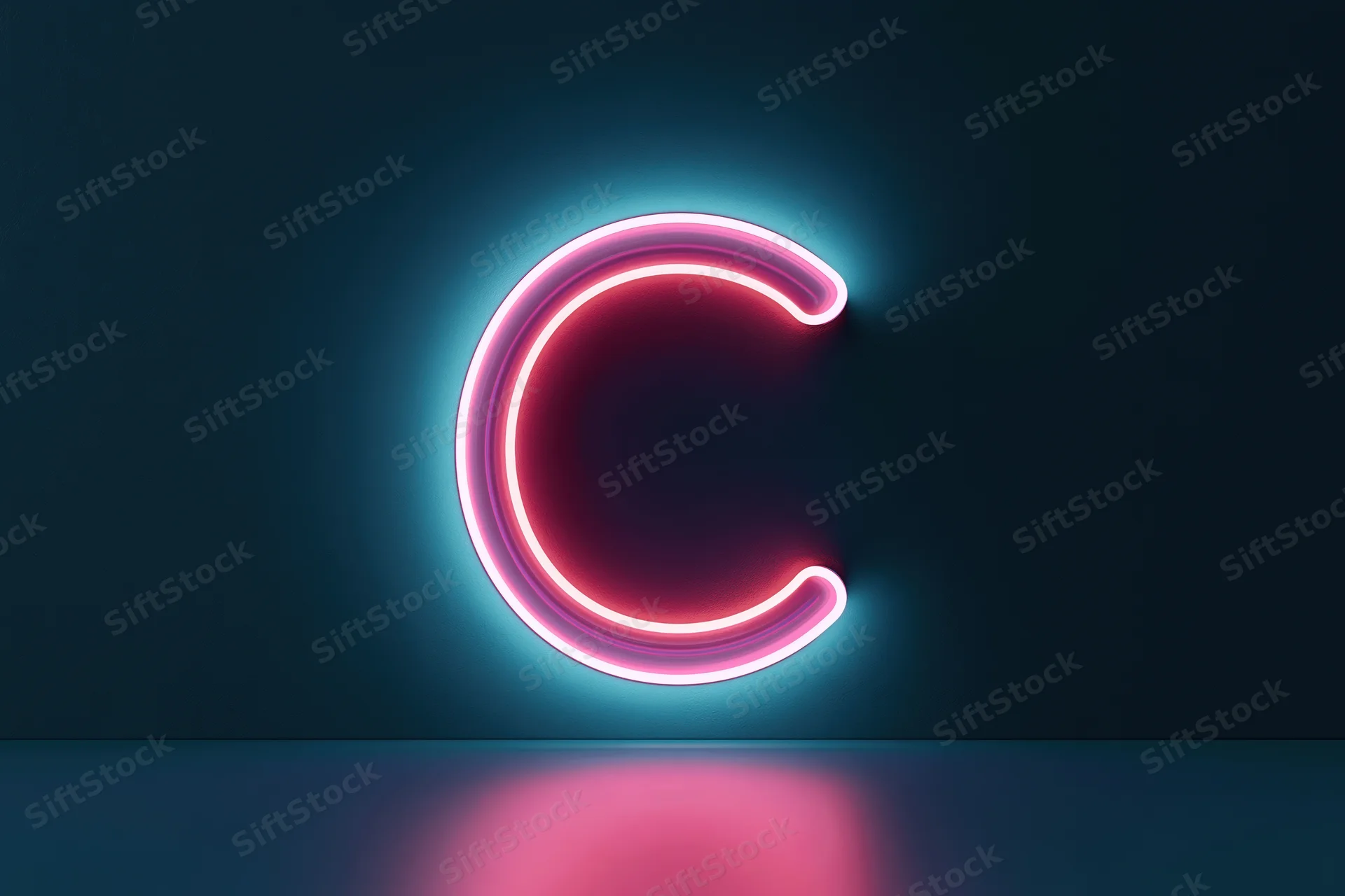 Glowing neon letter c sign mounted on dark navy blue wall with reflection below