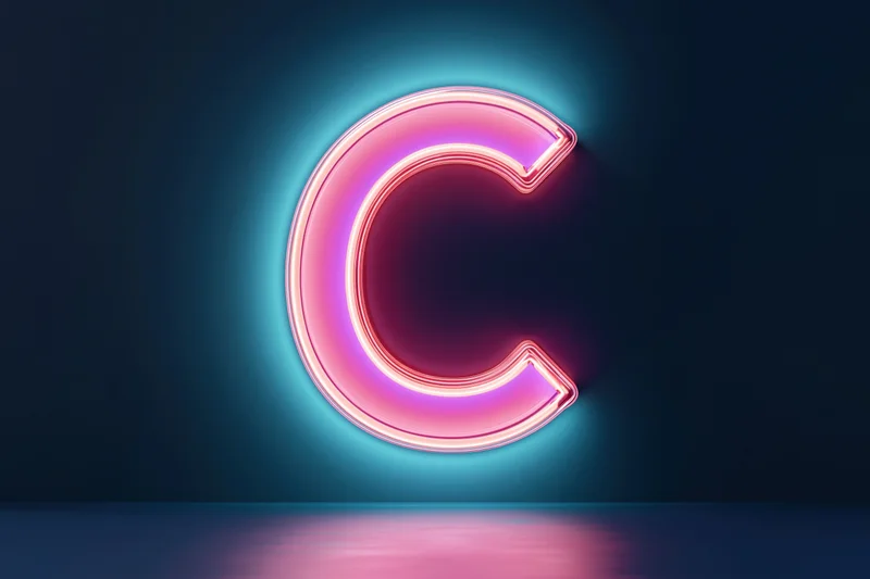 Glowing neon letter c sign mounted on dark blue wall with reflection on floor