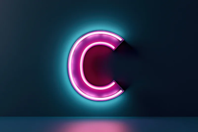 Glowing neon letter c sign mounted on dark navy blue background with reflection