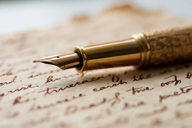 Gold fountain pen with engraved barrel resting on aged handwritten letter
