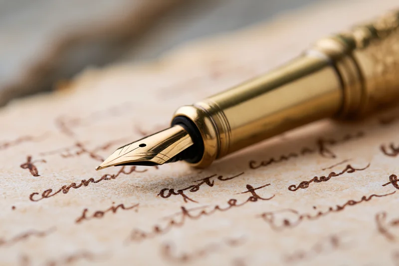 Gold fountain pen resting on aged handwritten letter with cursive script