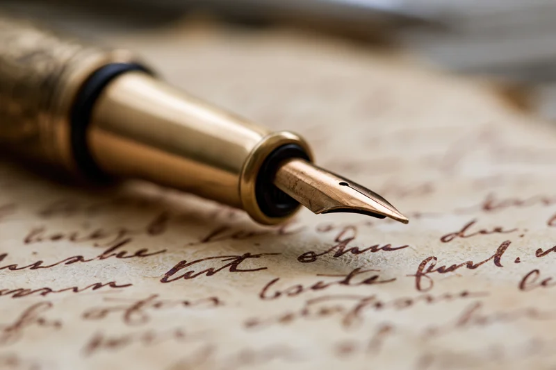 Gold fountain pen with engraved barrel resting on aged handwritten paper