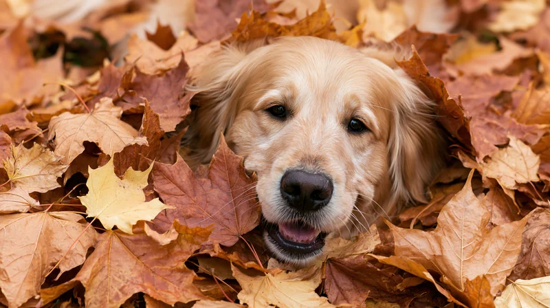 Golden retriever dog peeking out from a pile of fallen autumn leaves in a backyard